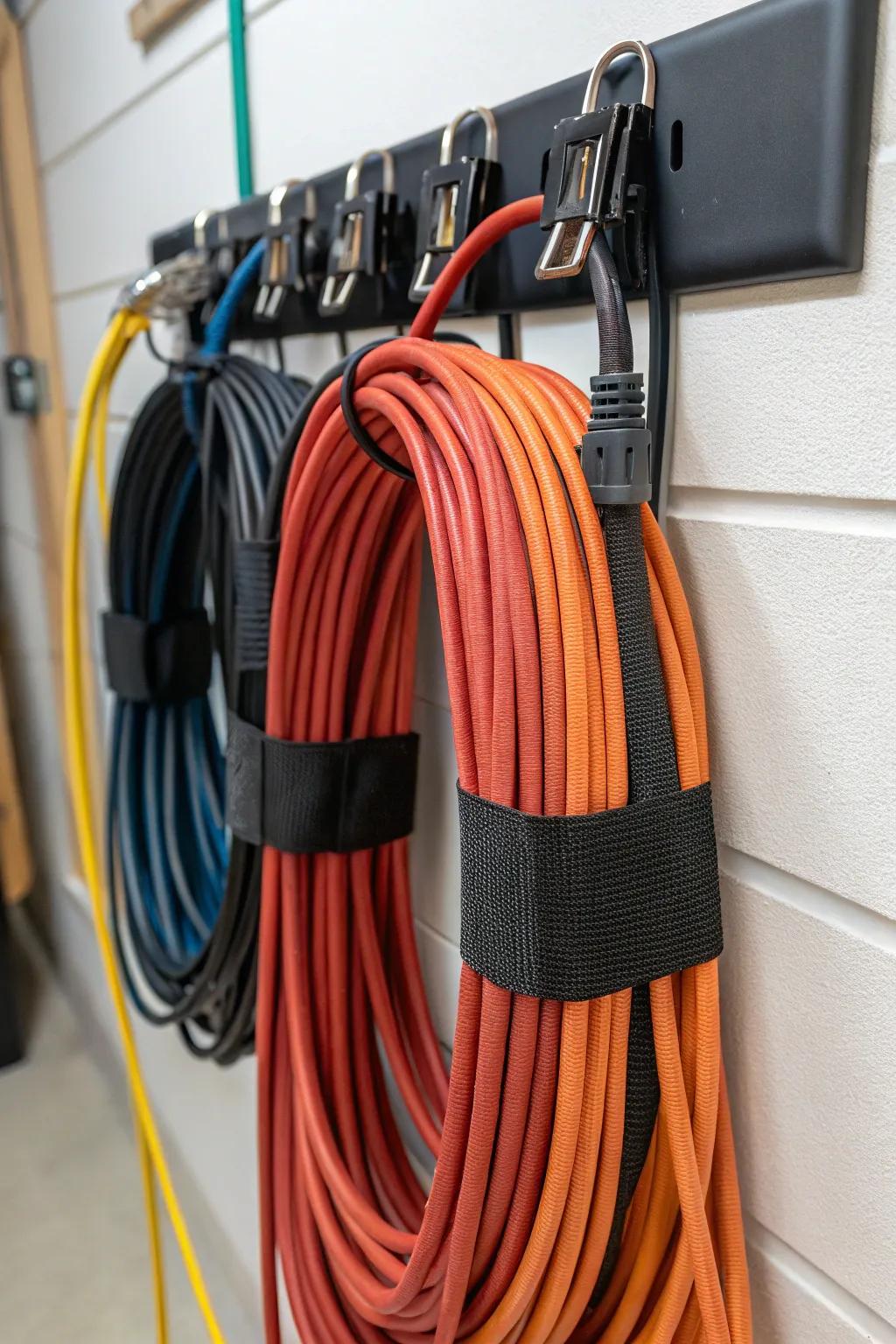 Fabric strips keep cords secure and easy to store.