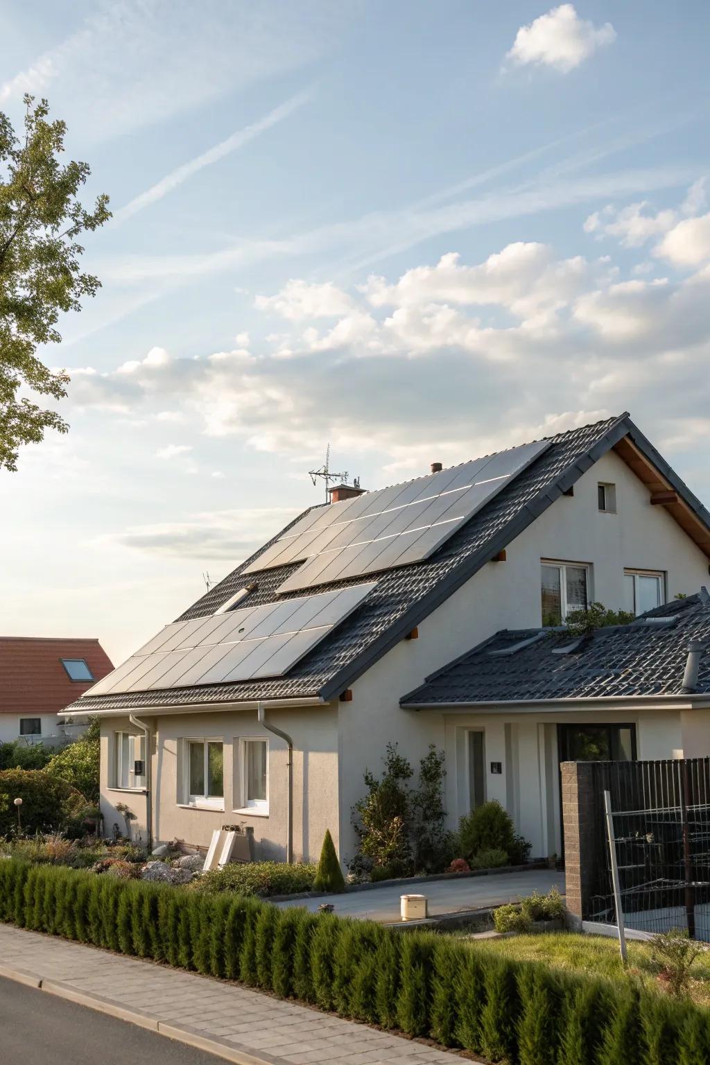 A house rooftop featuring discreetly integrated solar panels.
