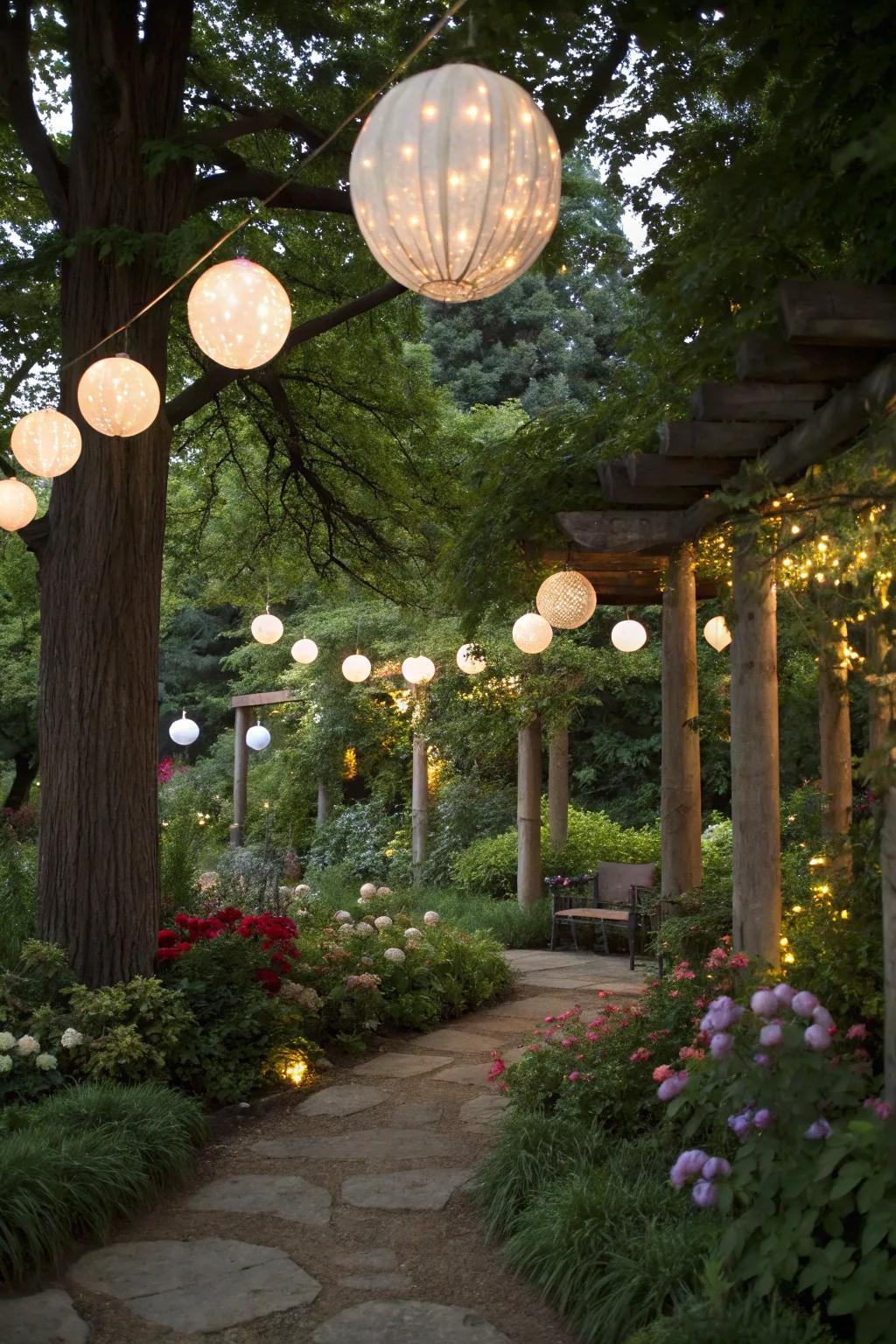 Floating light balls create a magical garden dimension.