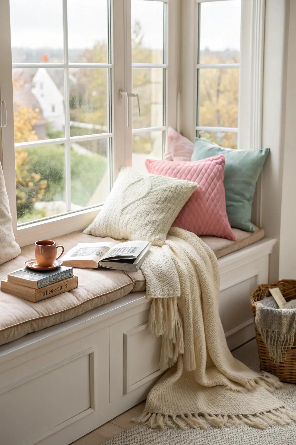 A snug window perch furnishes a quintessential location for savoring the fall vista.
