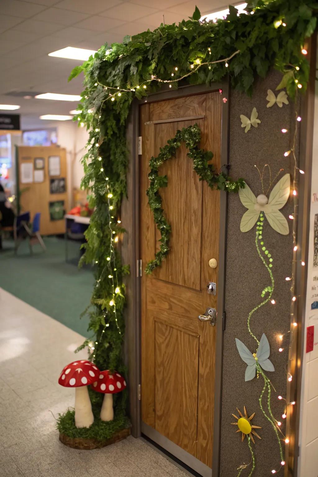 Enchanted forest entrance decor featuring whimsical touches.