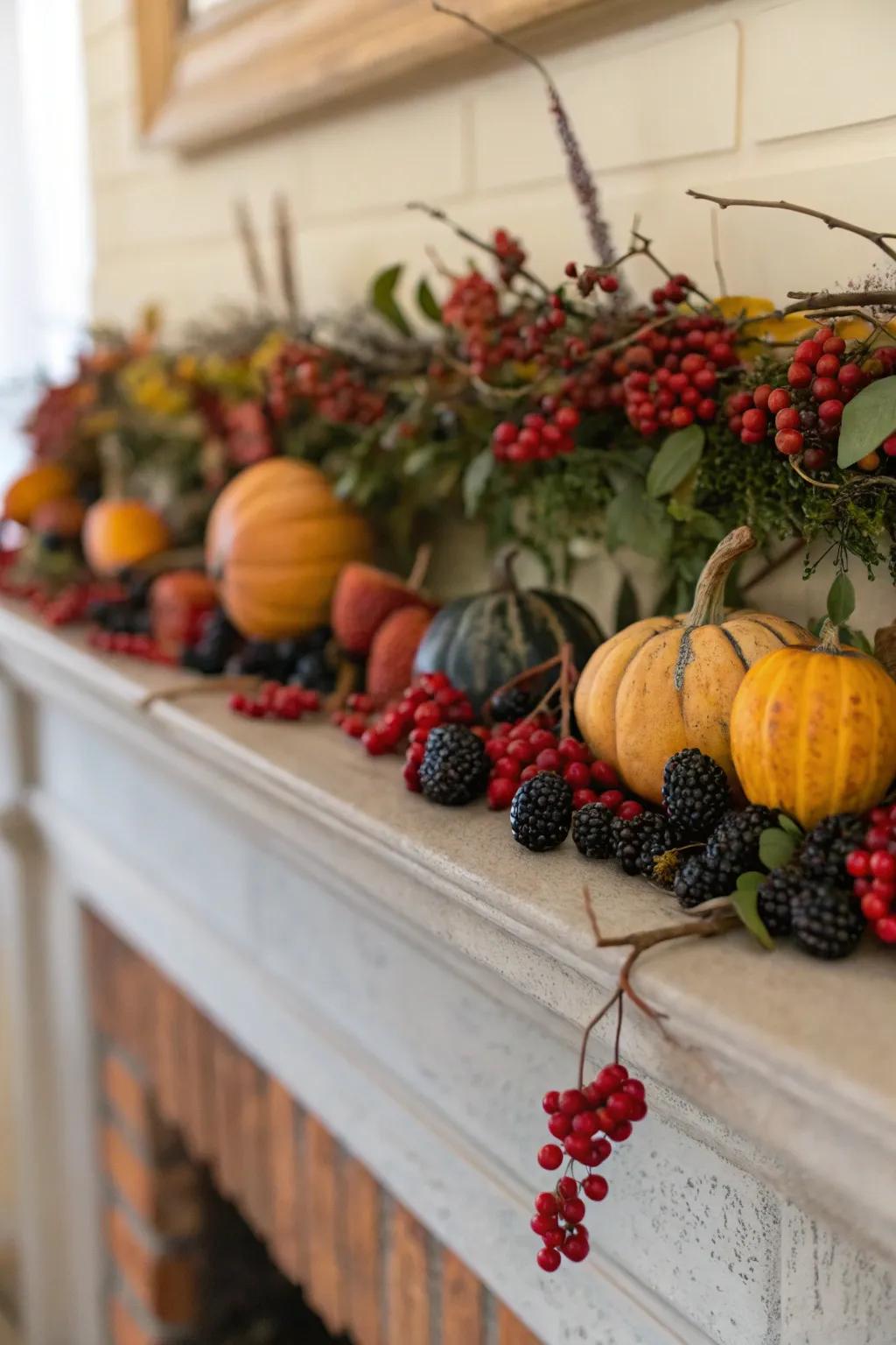 A fall mantel adorned with drupes and gourds.