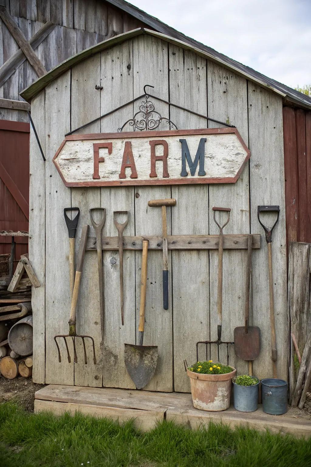 A tribute to farm heritage with implements integrated into the sign's design.