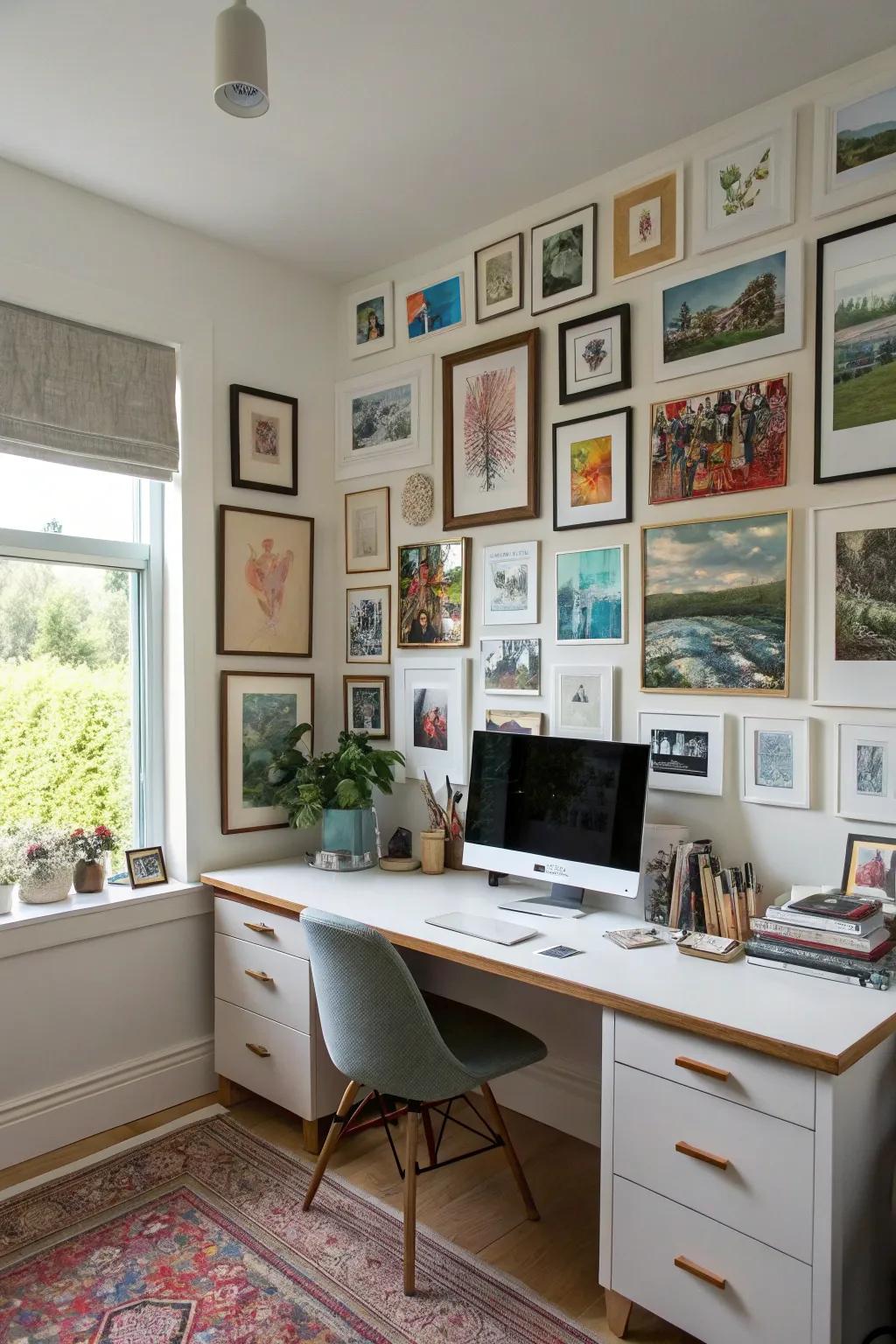 An art gallery wall adds inspiration and creativity.