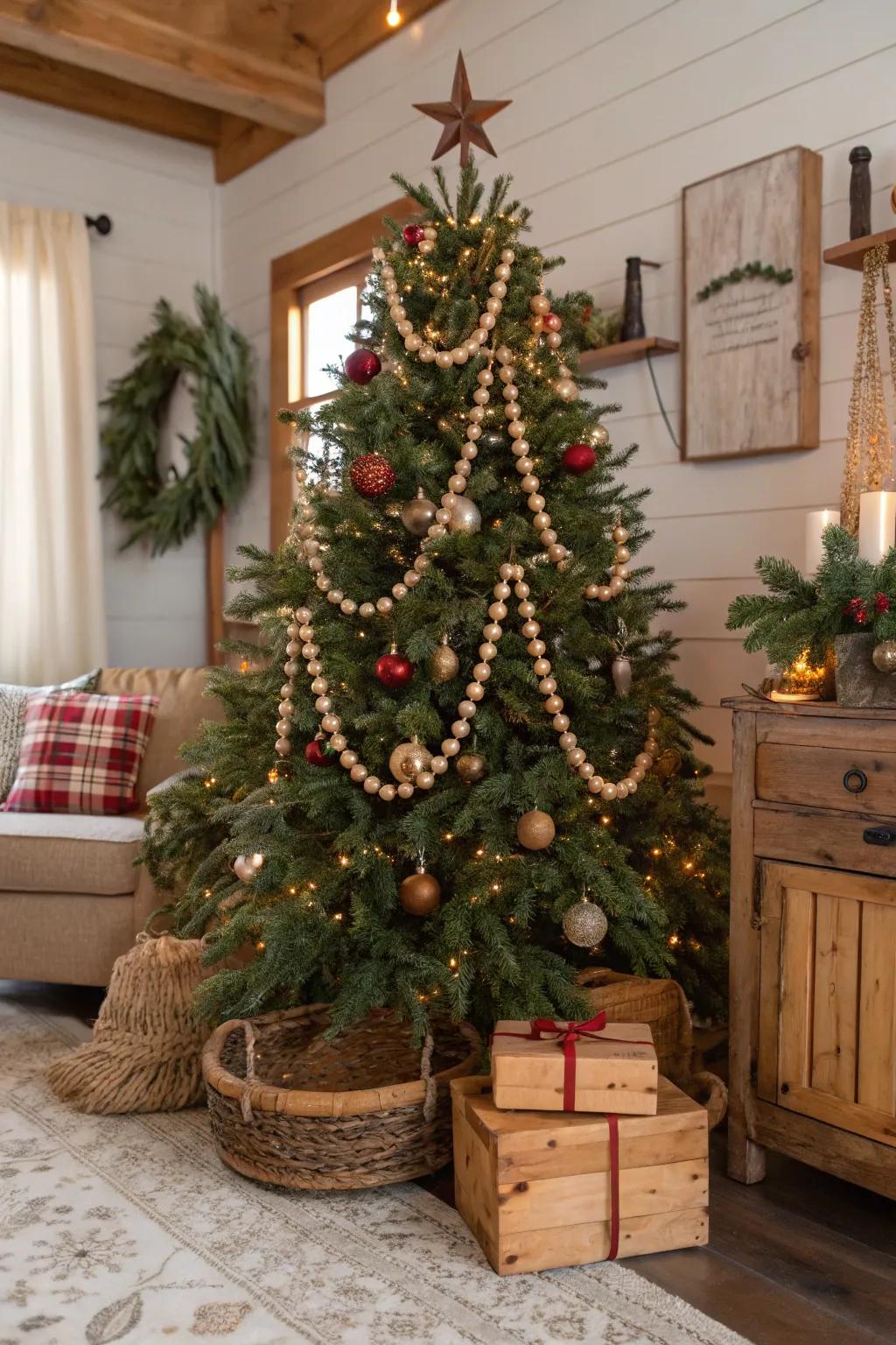 Timber beads contribute a simple, rustic touch to this farmhouse Christmas tree.