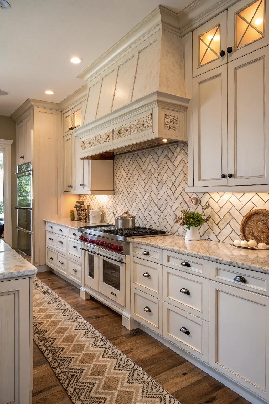 A herringbone covering adds depth and sophistication to this farmhouse kitchen.