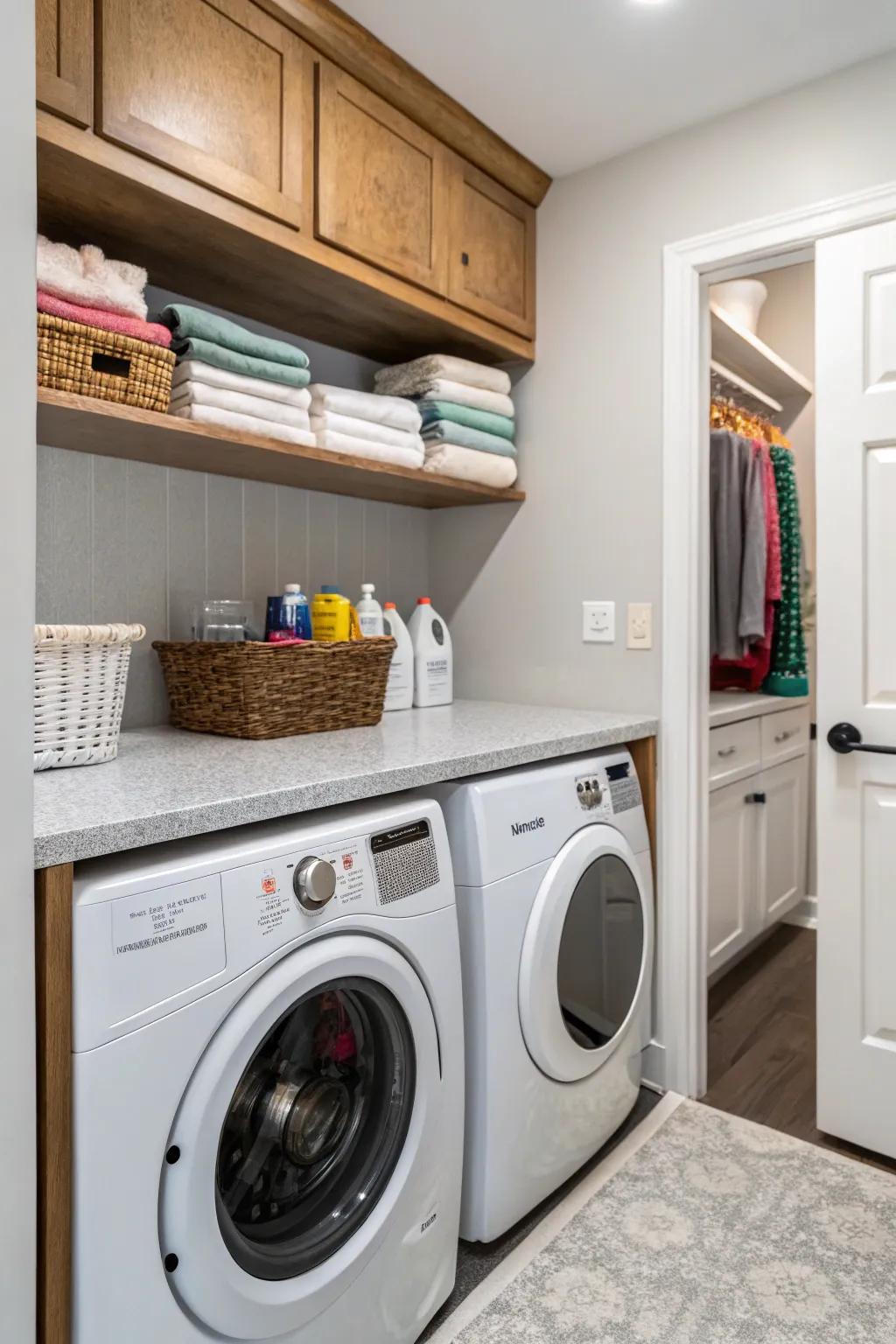 A functional work surface adds practicality to this stylish farmhouse laundry space.