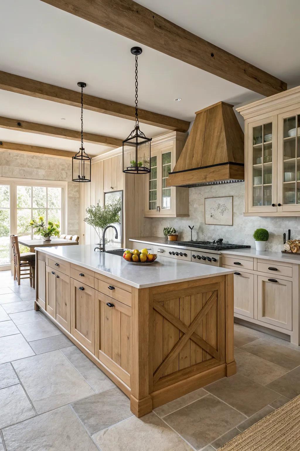 A declaration island enhances the layout of a cooking area with pale timber fittings.