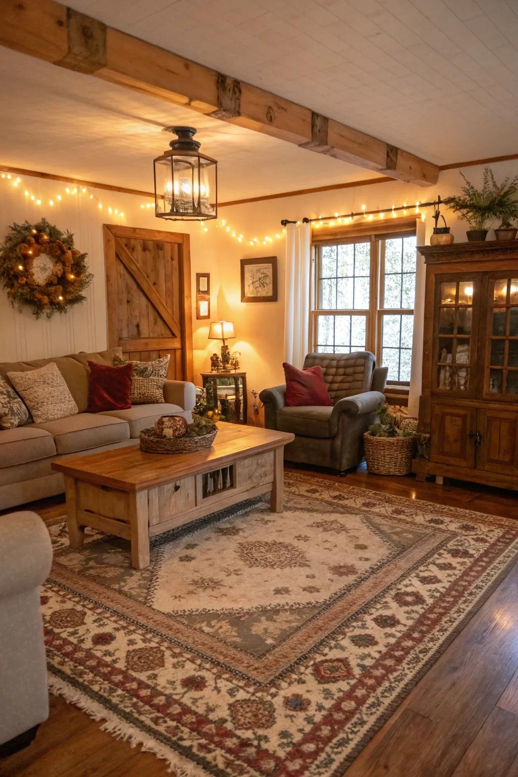 A snug rug anchors and warms this farmhouse living area.