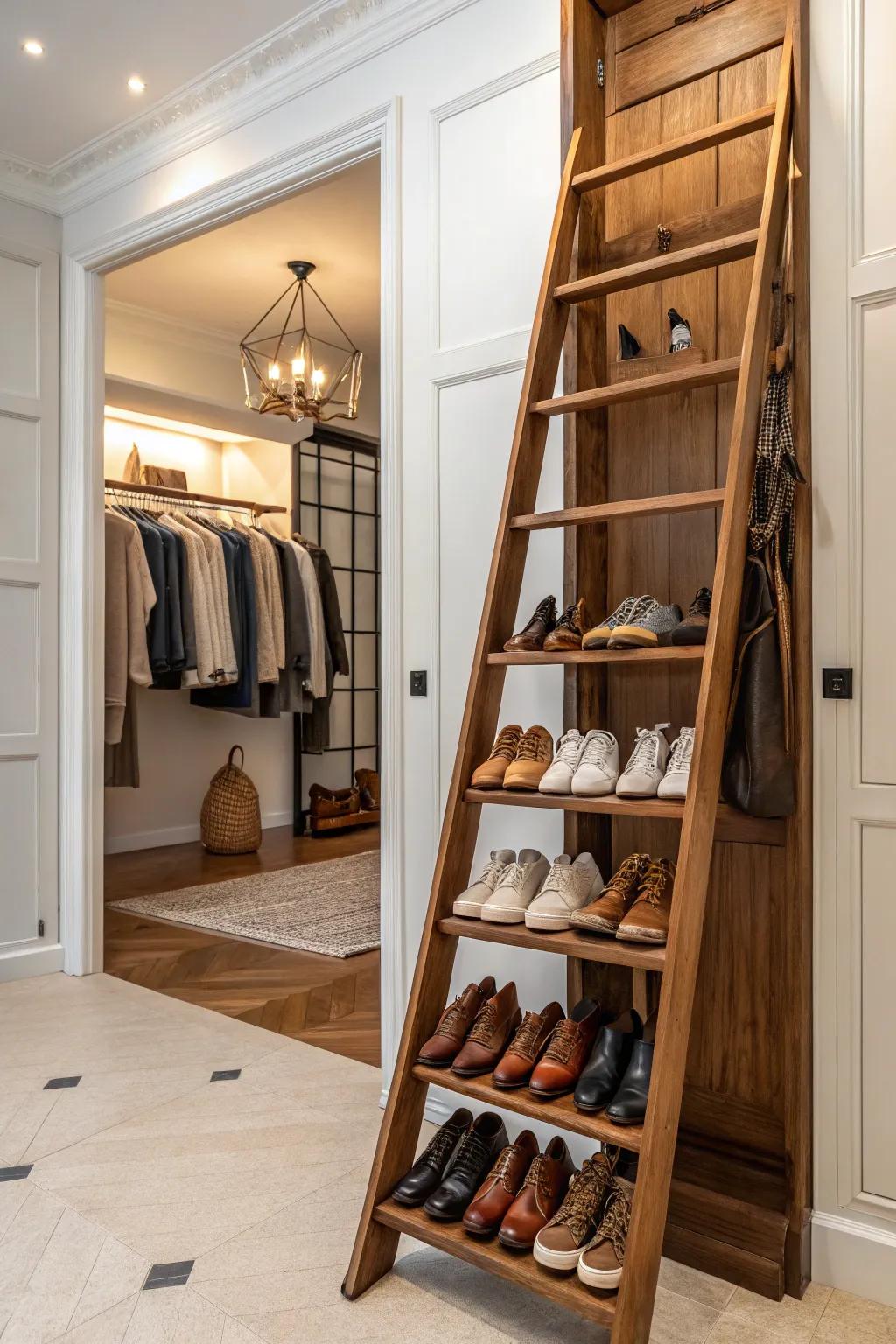 A distinctive shoe organization solution using a ladder