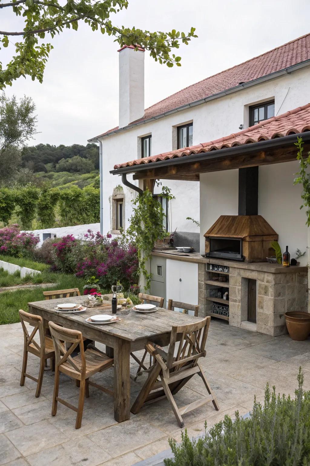 An outdoor kitchen elevates the farmhouse patio dining experience.