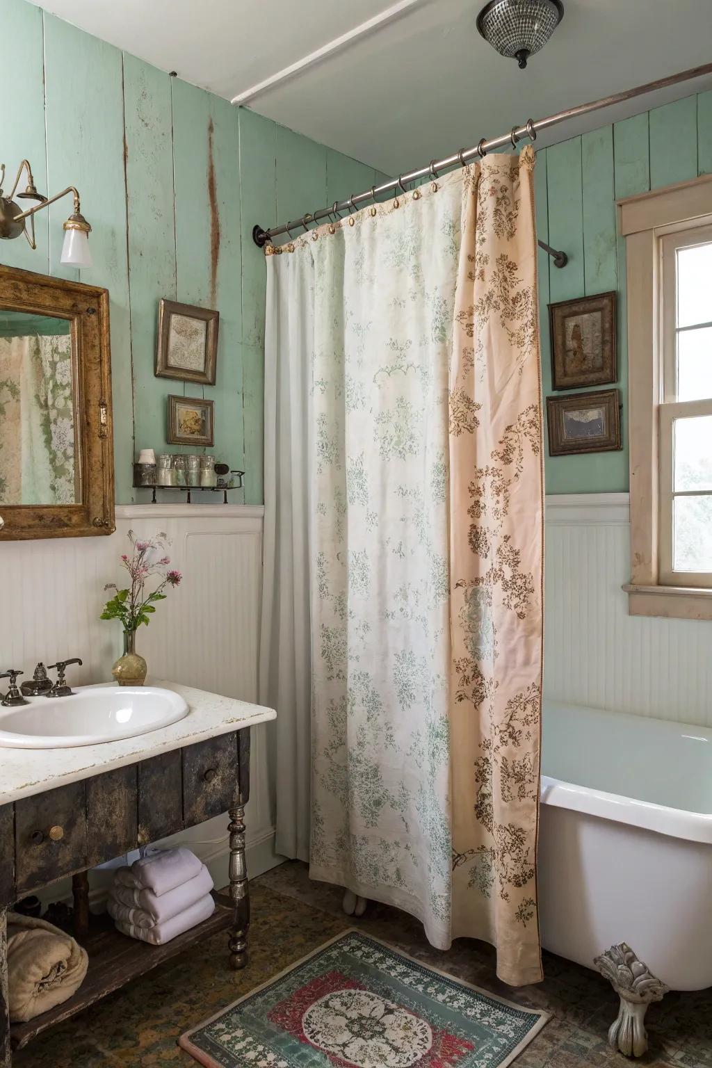 A bathroom featuring a time-worn look shower curtain and vintage decor aspects.