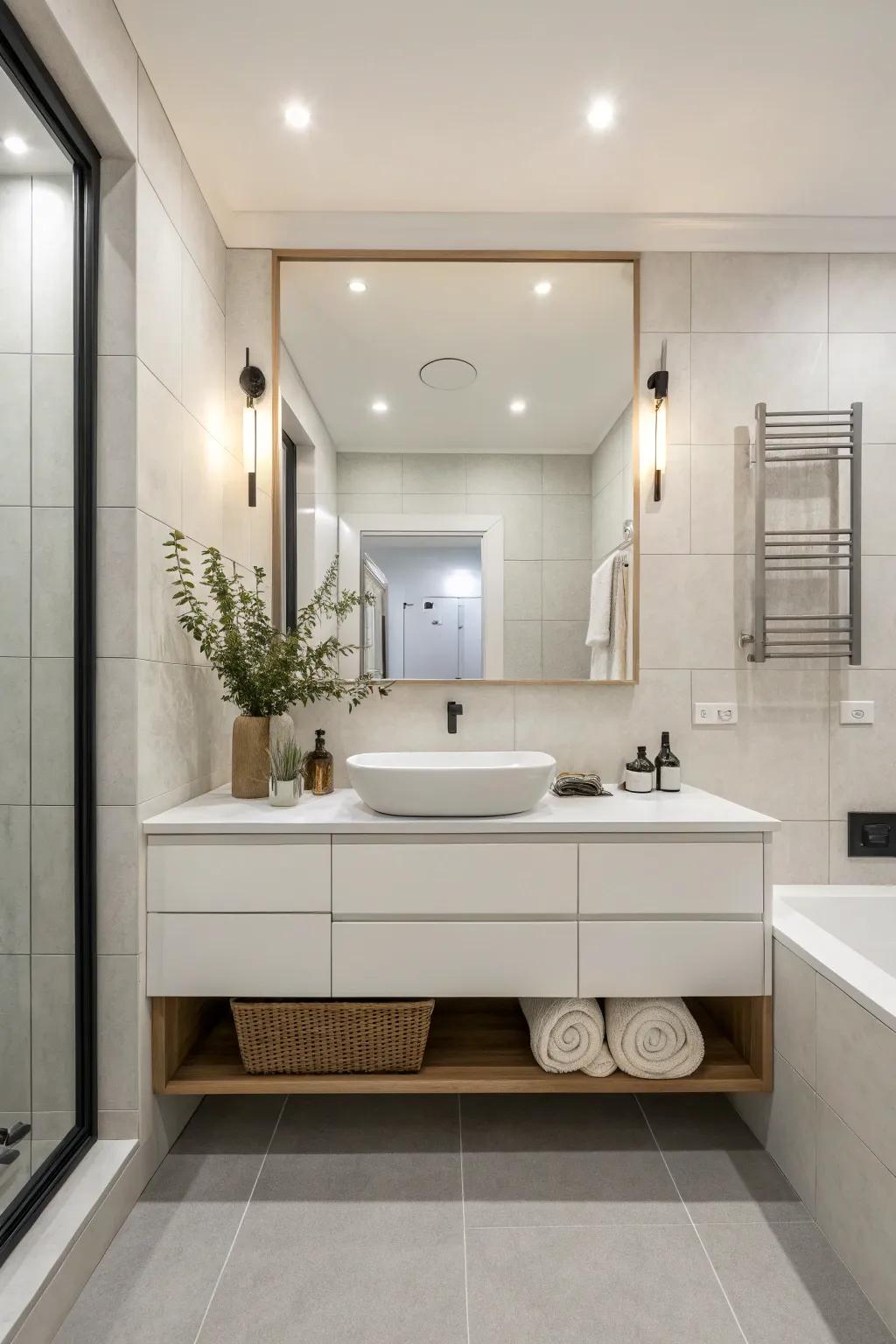A floating sink console maximizes space and style in this small bathroom.