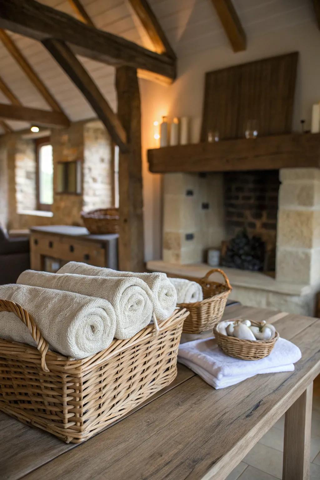 Wicker baskets with textiles add a cozy and welcoming touch to your table.
