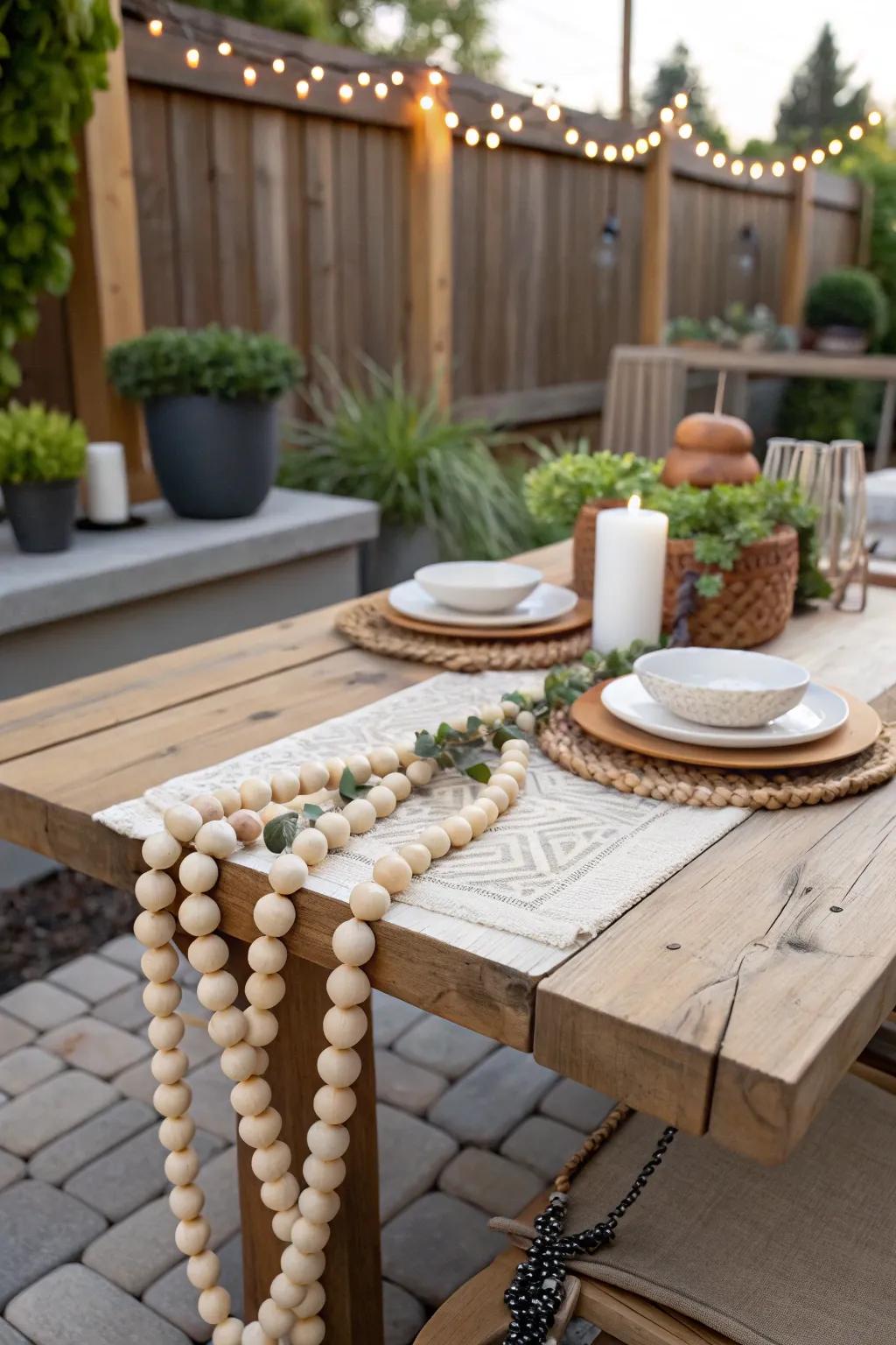 Outdoor area adorned with a beaded strand for a snug ambiance.