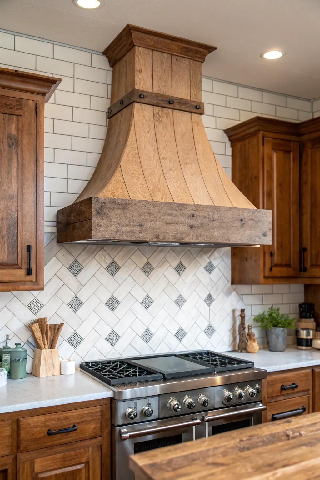 A tile backsplash highlights the beauty of a wooden ventilator.