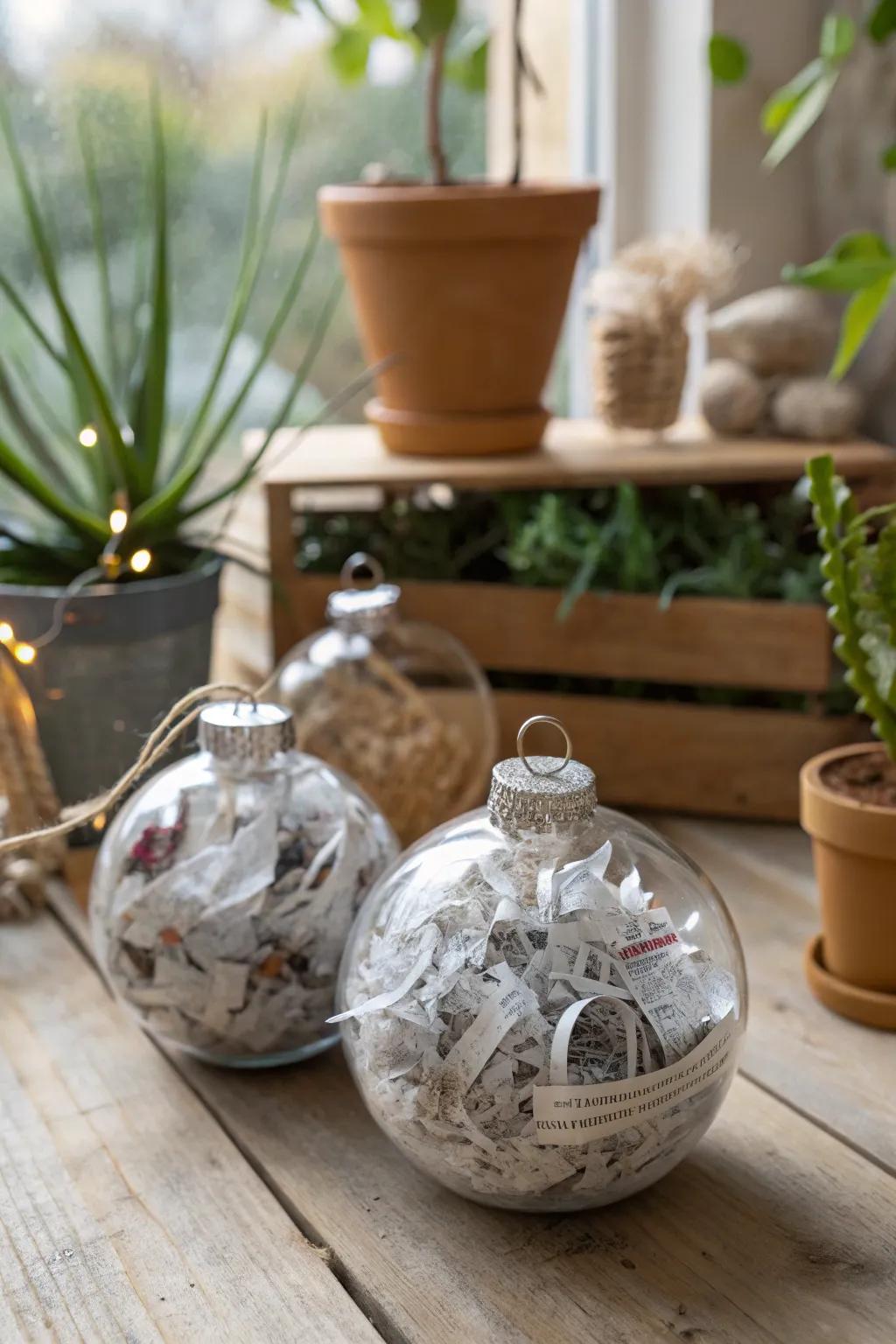 Eco-mindful ornaments composed of recycled materials.