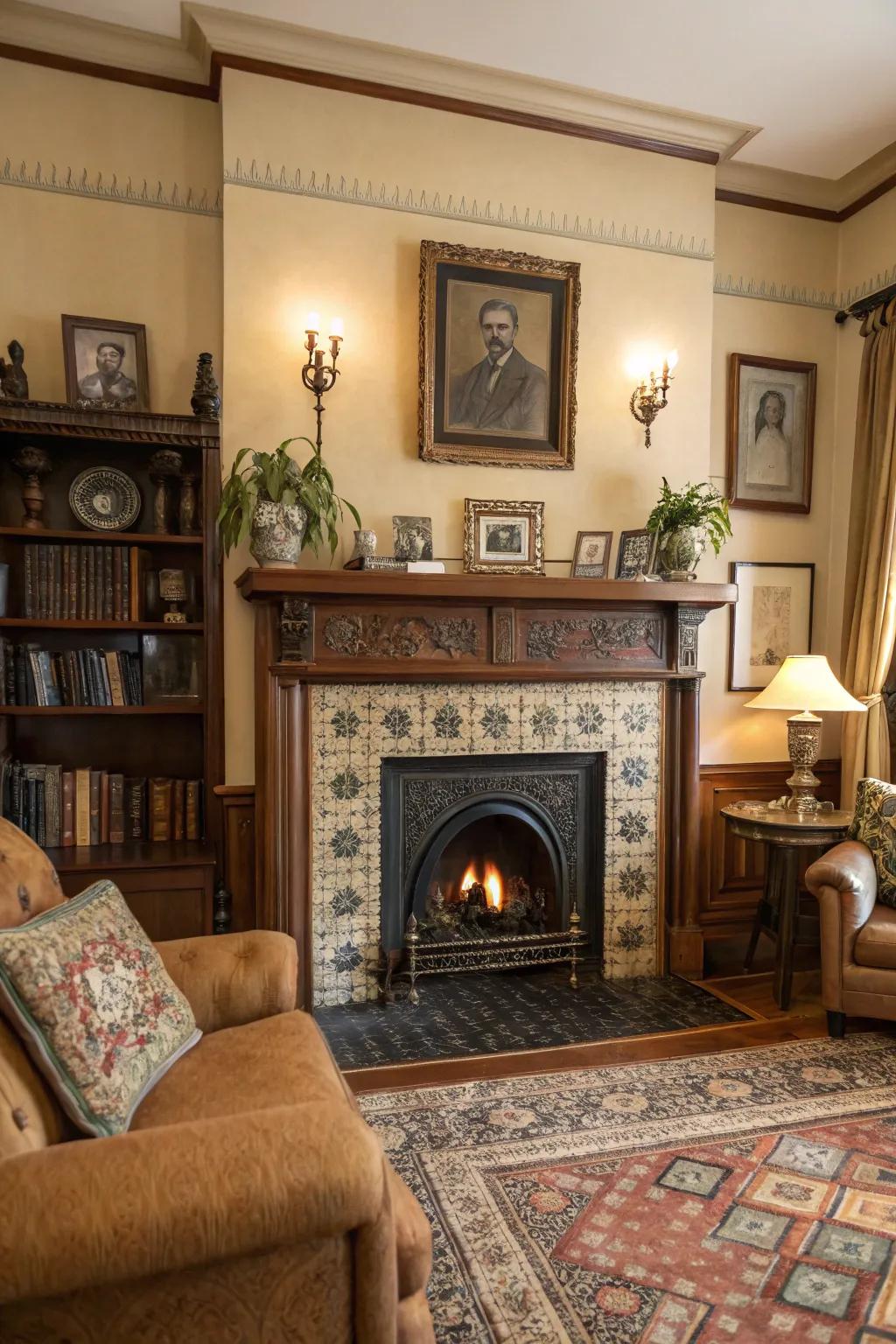 A vintage-inspired living space with an antique-style central fireplace.