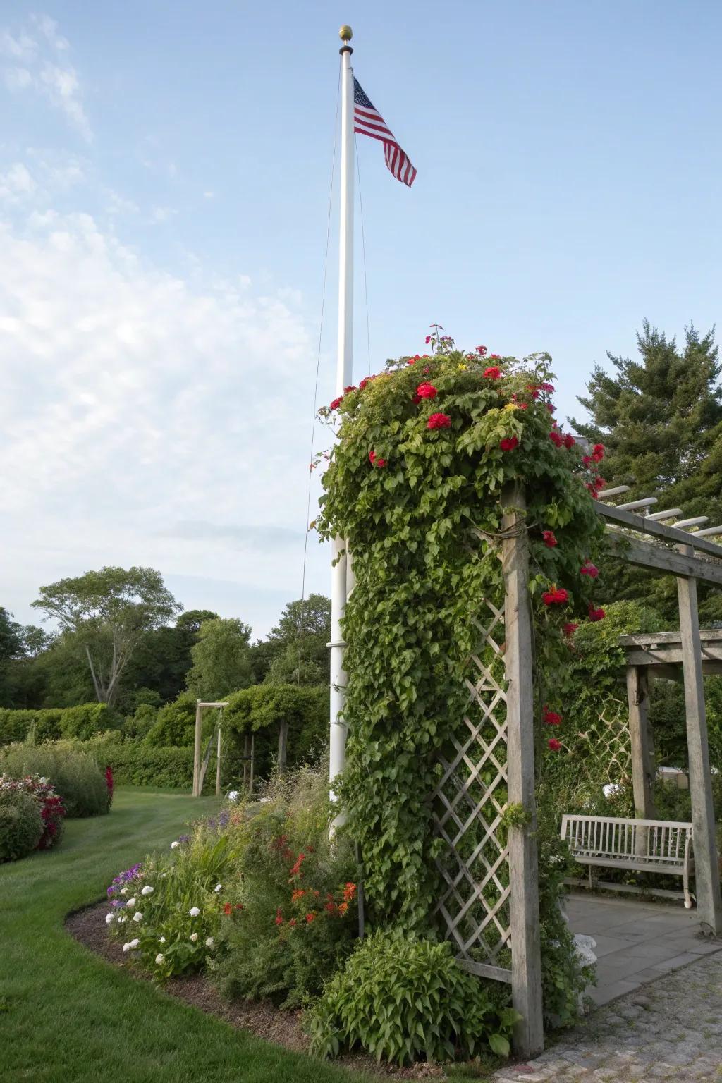 A upright garden adds height and greenery to a flagpole scenery.