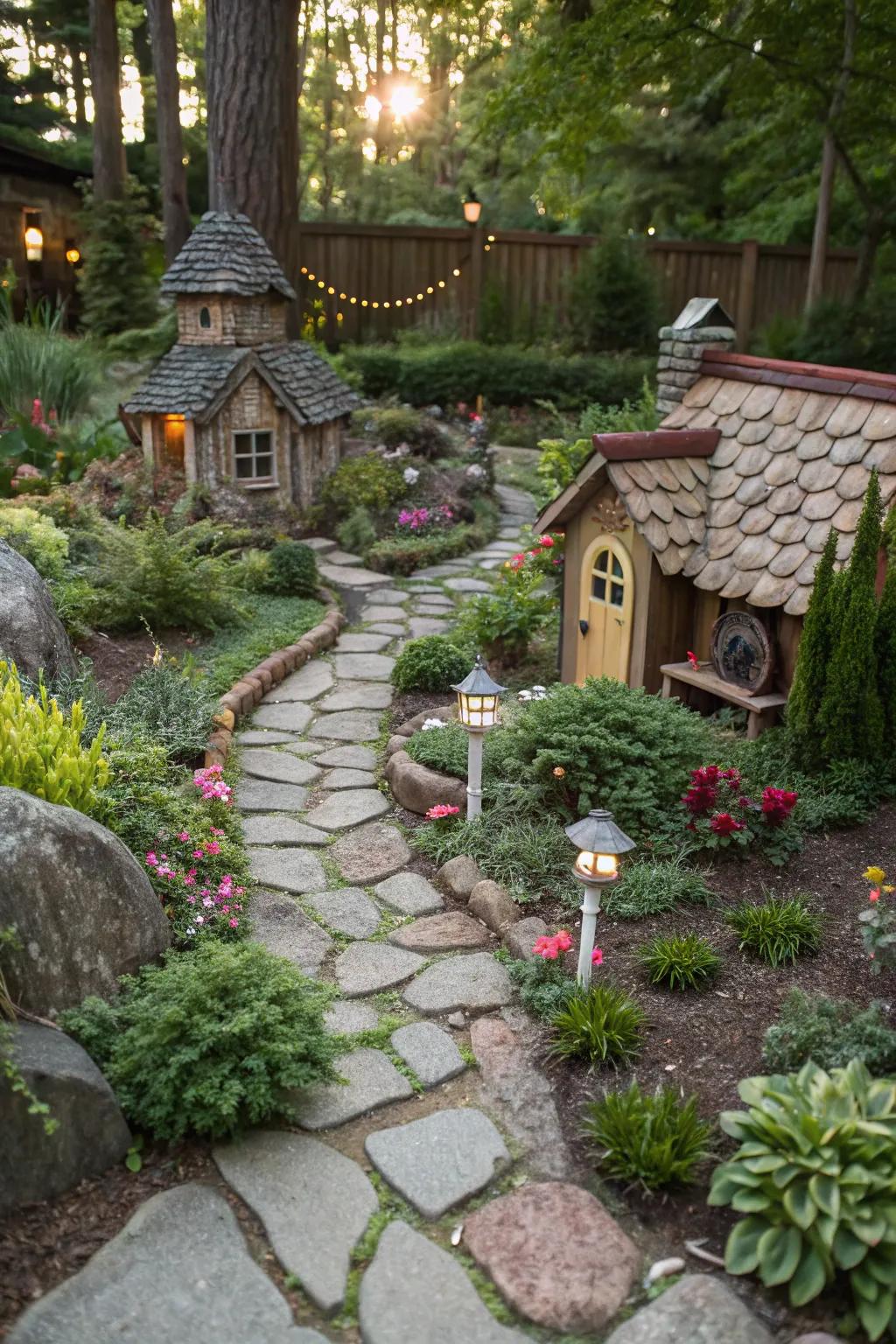 A playful miniature garden featuring charming flagstone paths.