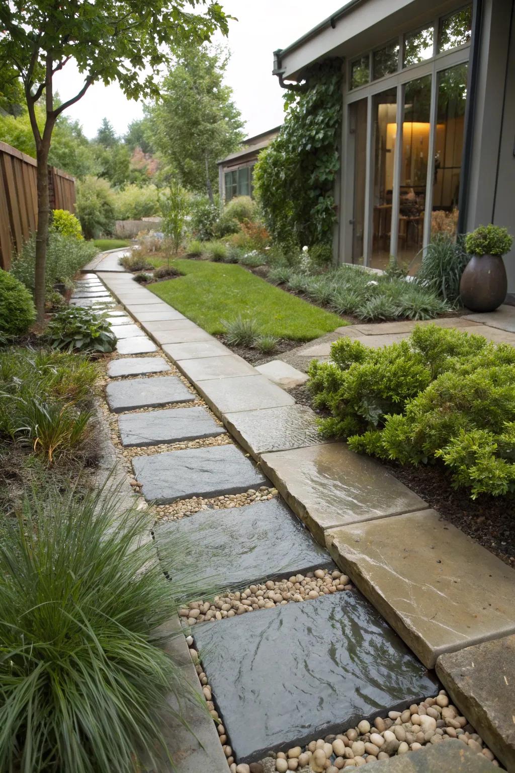 A sustainable paving stone pathway designed for effective water drainage.