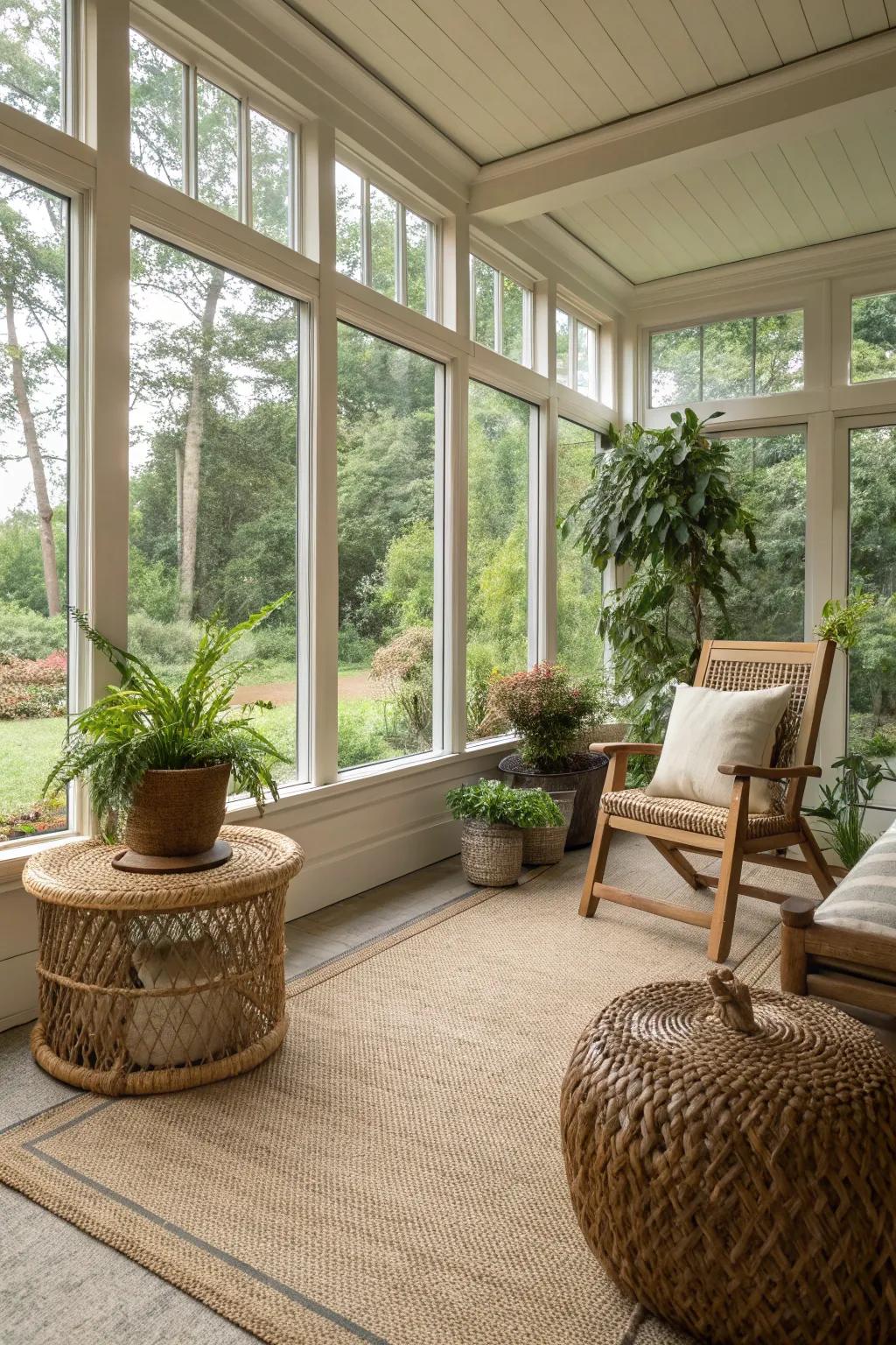 Plant fiber adds organic warmth and texture to this serene space.