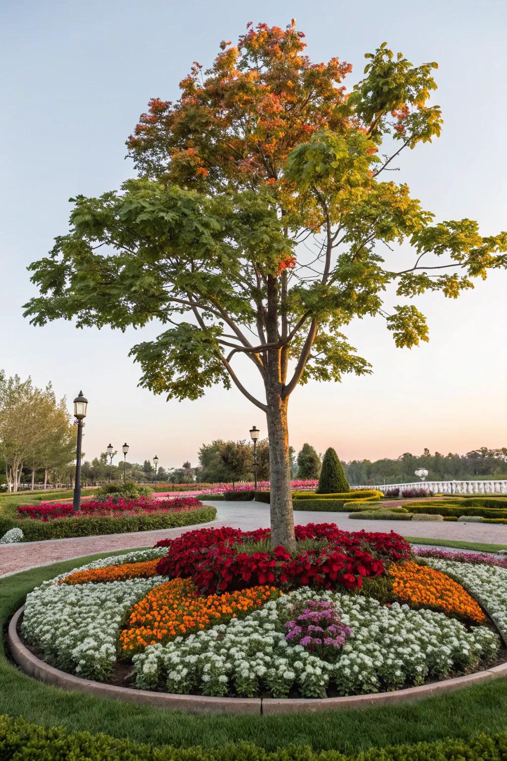 A themed flower bed generates a personalized oasis around this tree.