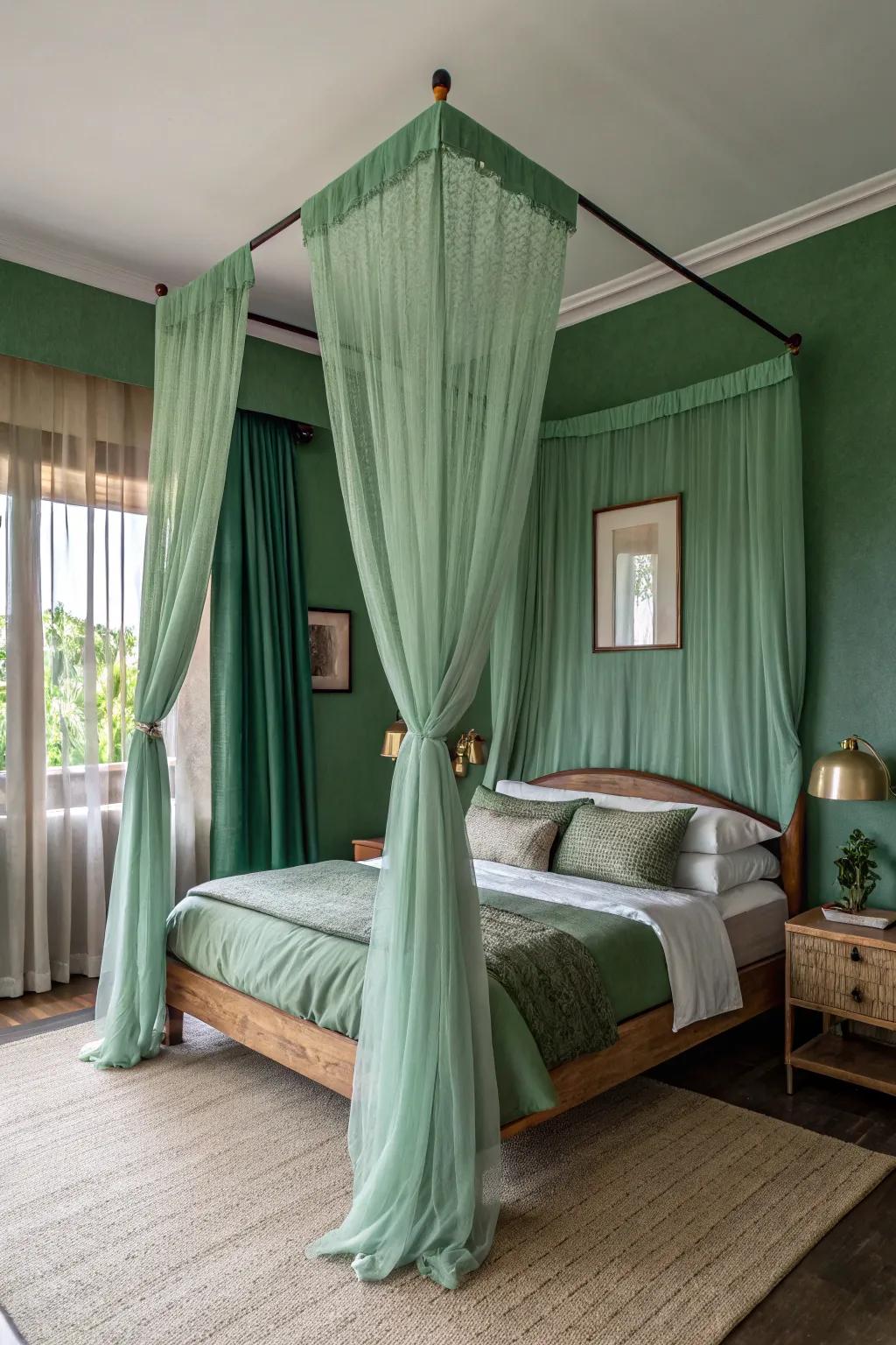 A green canopy bed adds luxury and comfort to your bedroom.