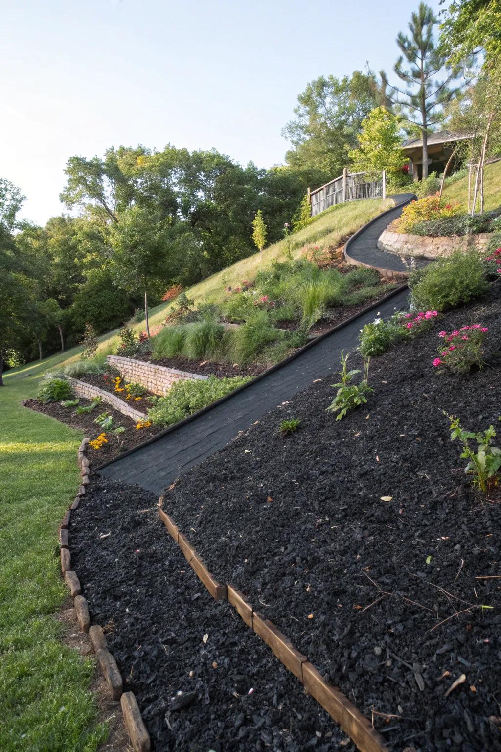 Stabilize slopes with the sleek aesthetic of dark ground cover.