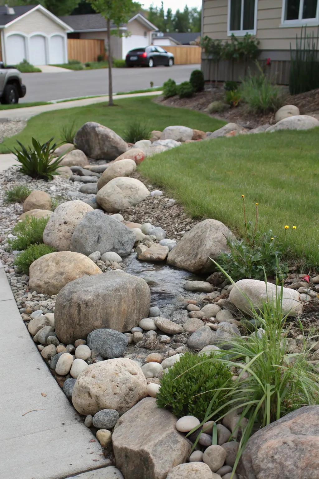 A rock display with river stones introduces depth and contrast.