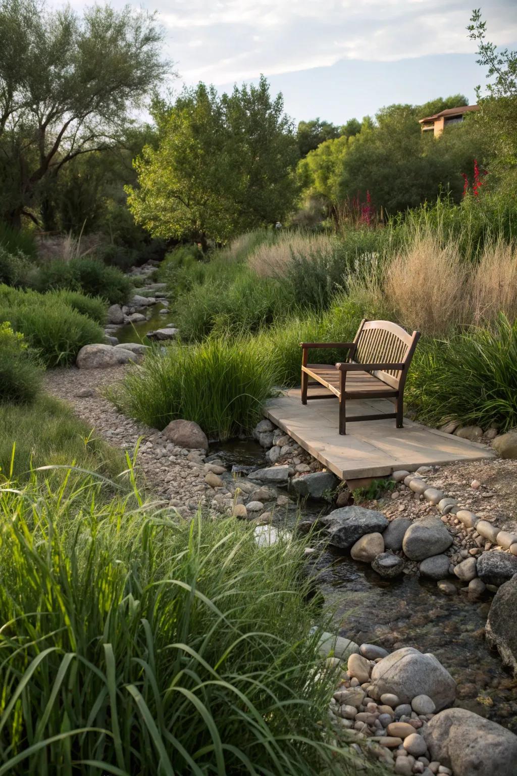 A hidden seating space offers a peaceful spot to enjoy your dry streambed.