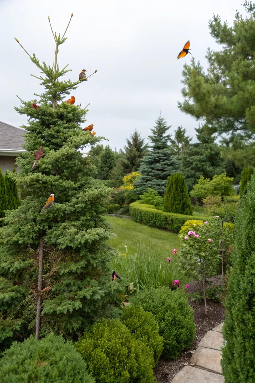 Evergreens construct a haven for local wildlife.