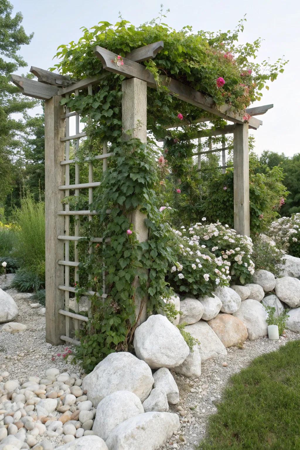 Vertical components like trellises add height and curiosity to rock gardens.