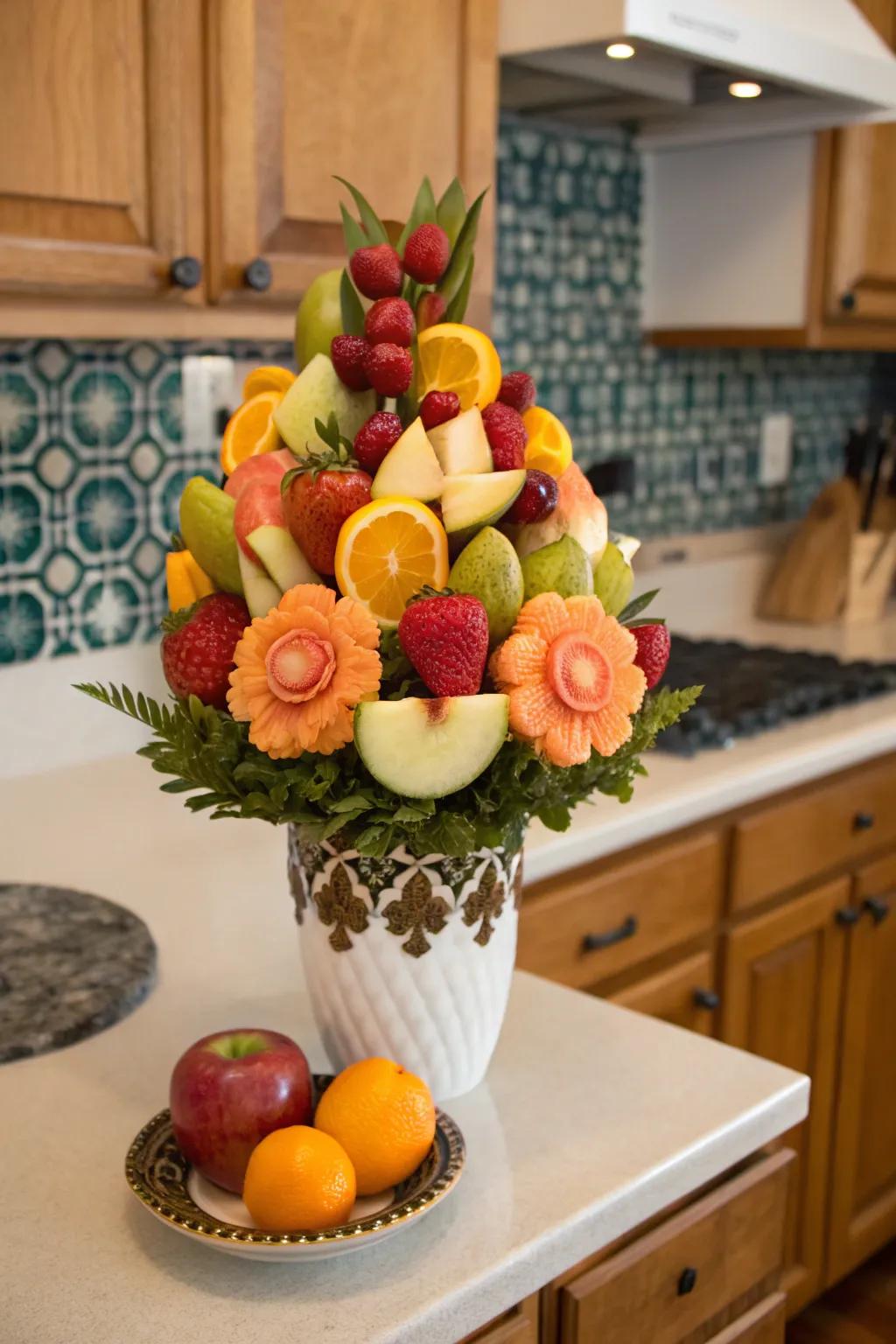 Fruit arrangements styled as blooms make for an edible and elegant decoration.