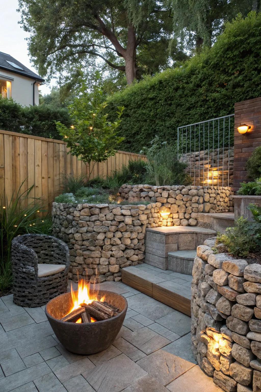 Create a warm atmosphere with a stone fire pit area.
