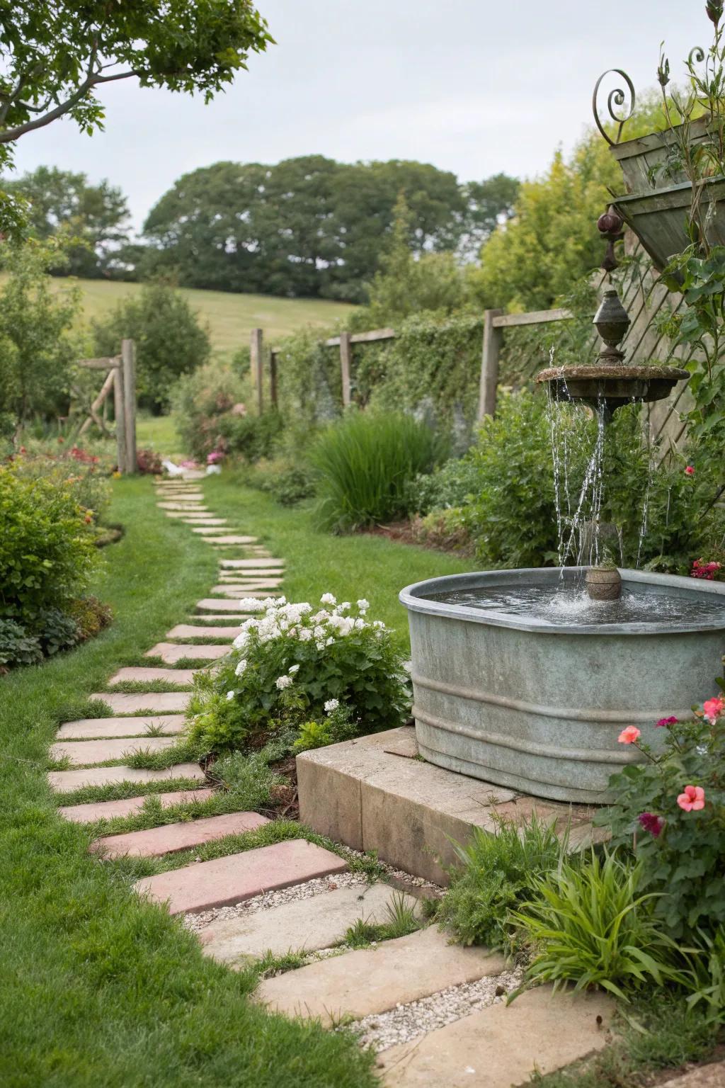 A traversing stone pathway conducts toward a charming basin fountain.
