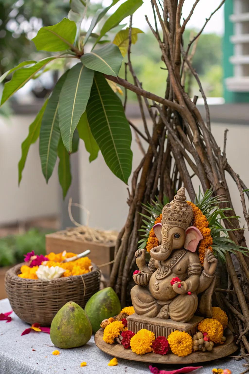 Rustic charm with authentic elements like branches and twigs enhancing the festival setup.