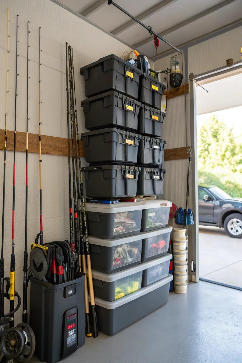 Stackable bins offer flexible storage options for evolving fishing gear collections.