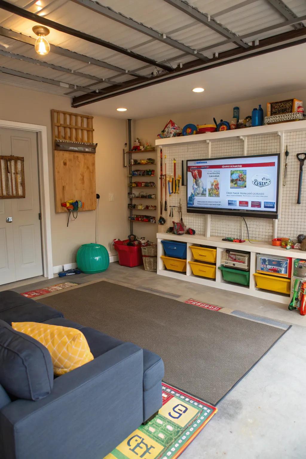 Create a fun kids&rsquo; play area with a TV in your garage.