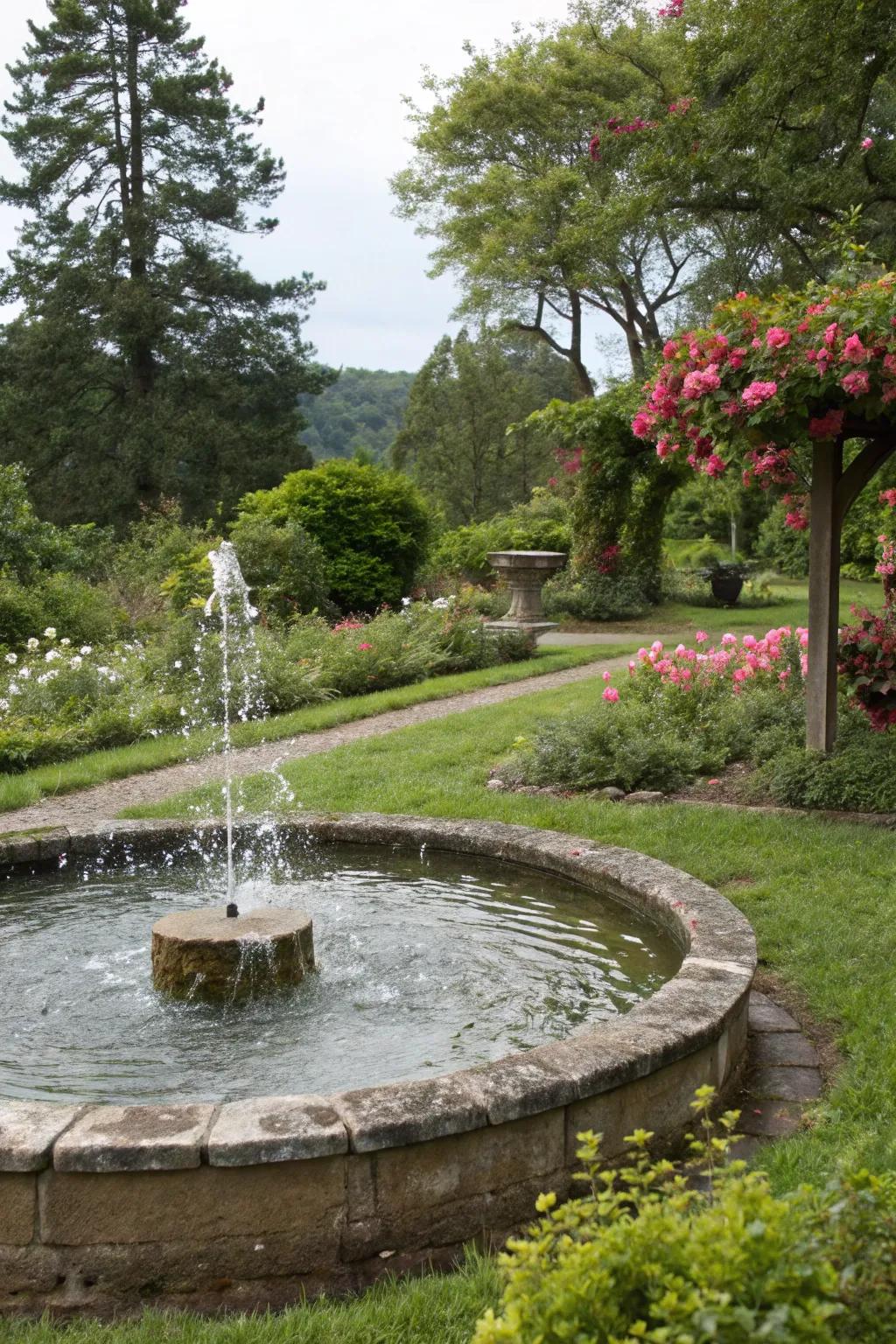 A serene water feature nestled within a garden.