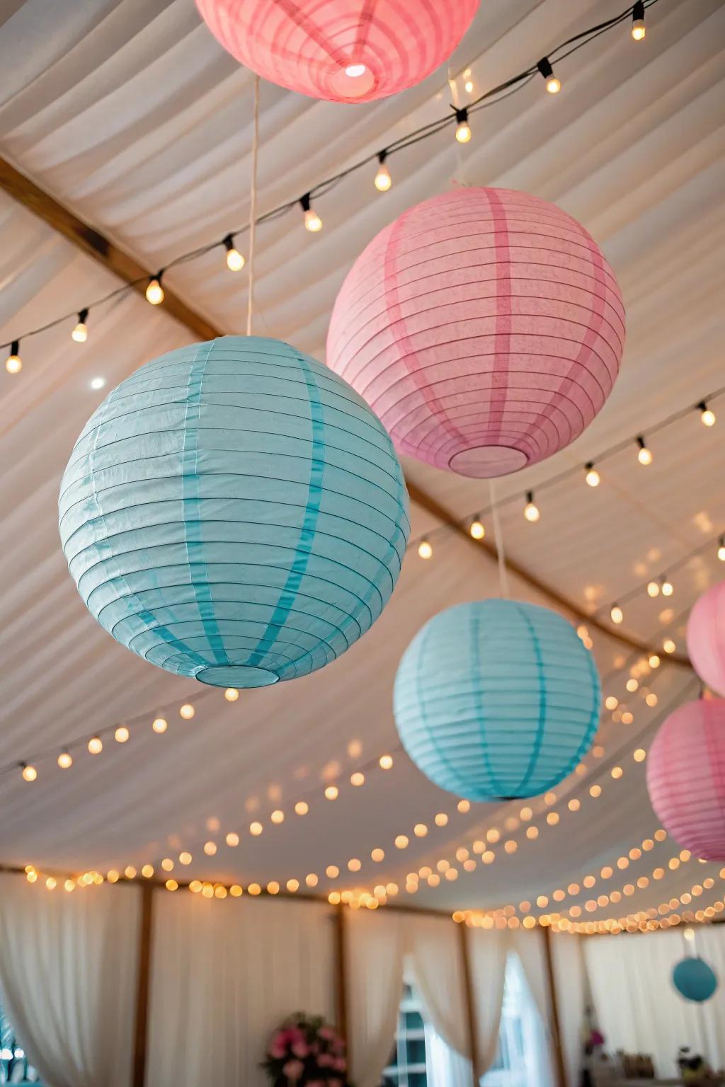 Paper globes add whimsy and charm to the party decor.