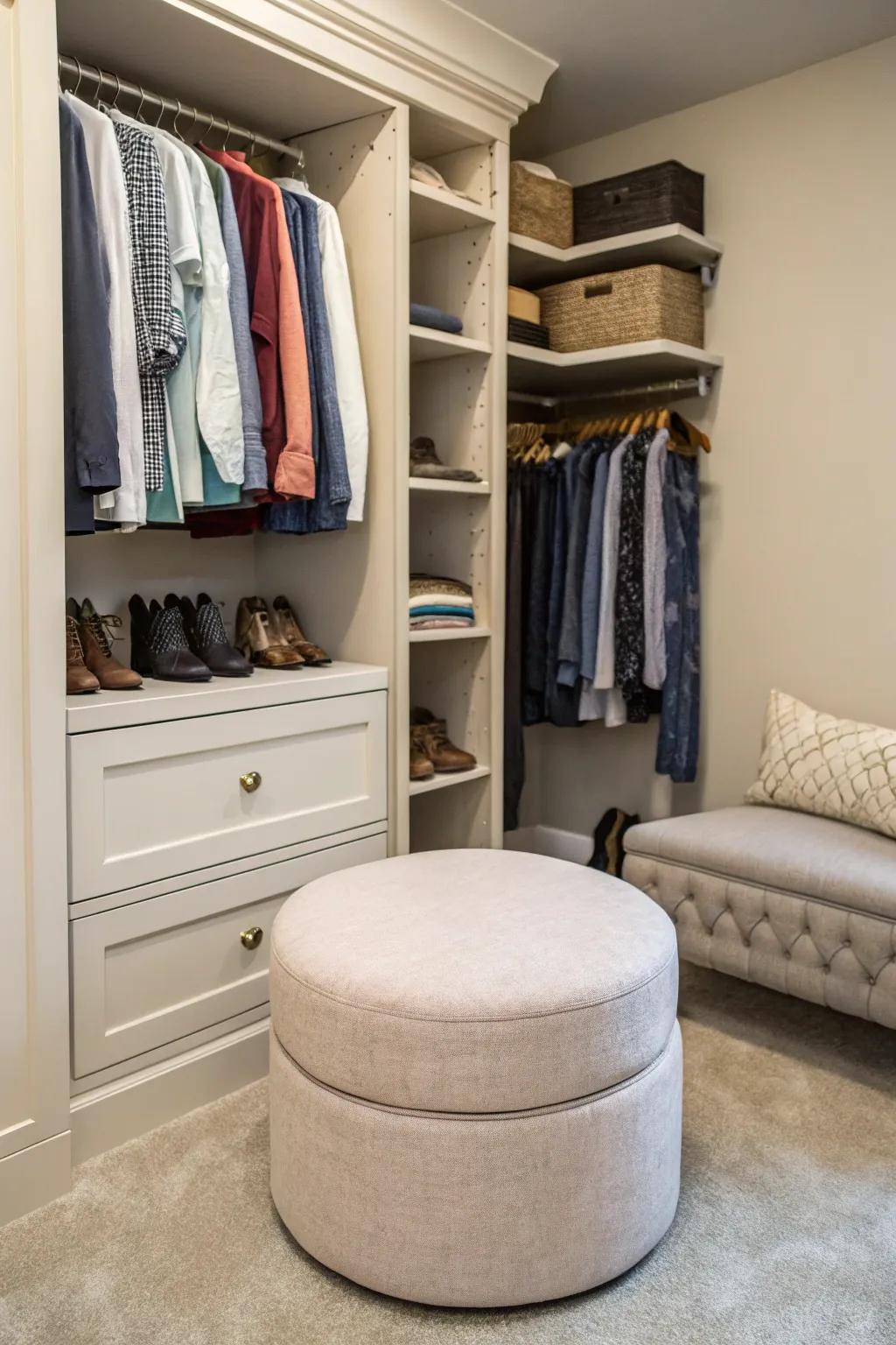 Your wardrobe is transformed into a personal refuge with a seating area.