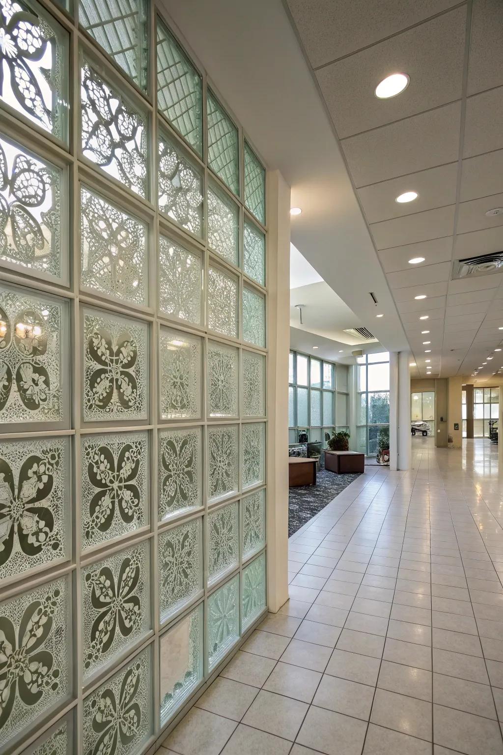 An interior showing a patterned crystal cube wall, which shows detailed designs and artistic visual interest.