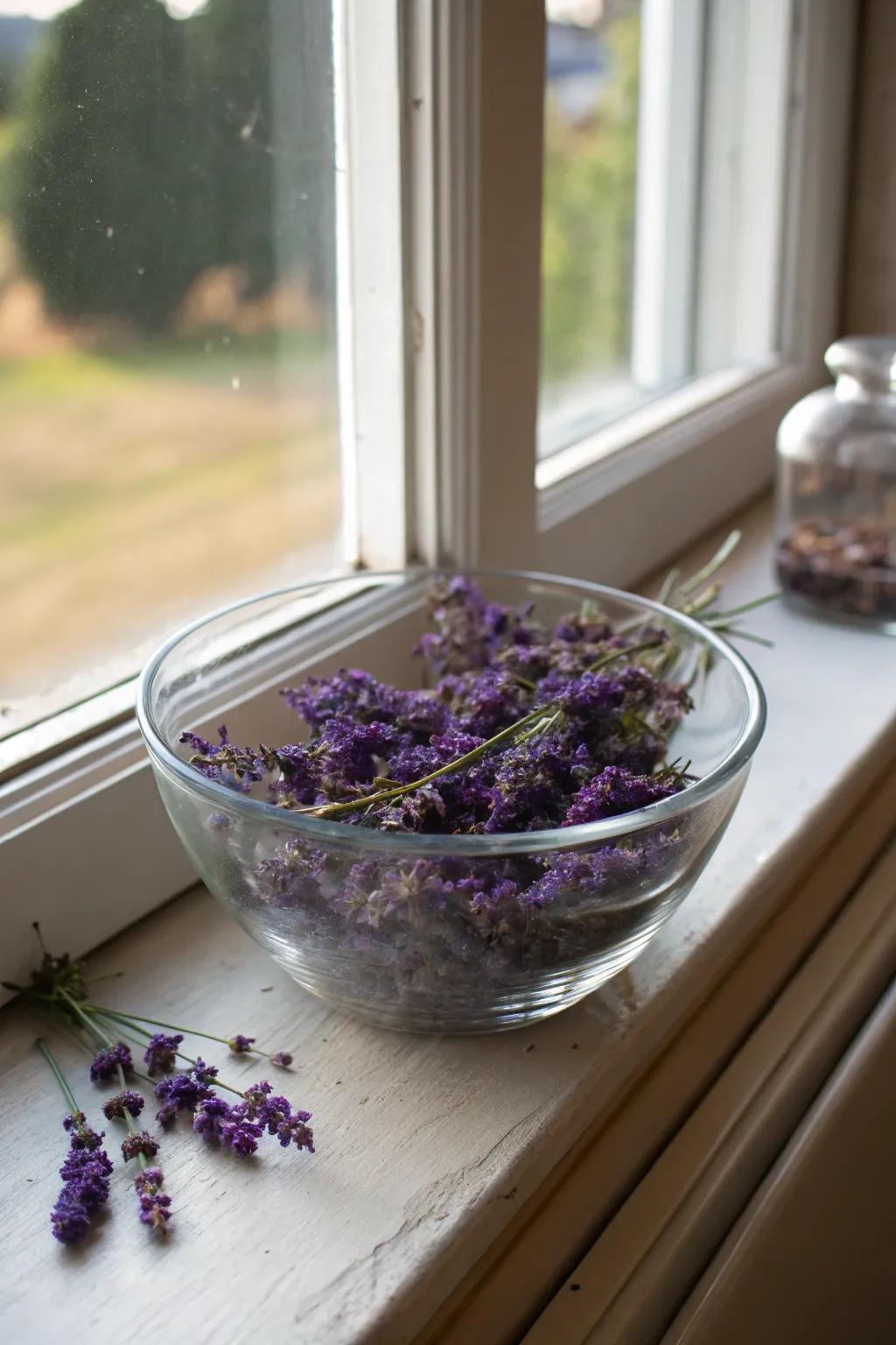 Classy and fragrant dried lavender in a glass bowl.