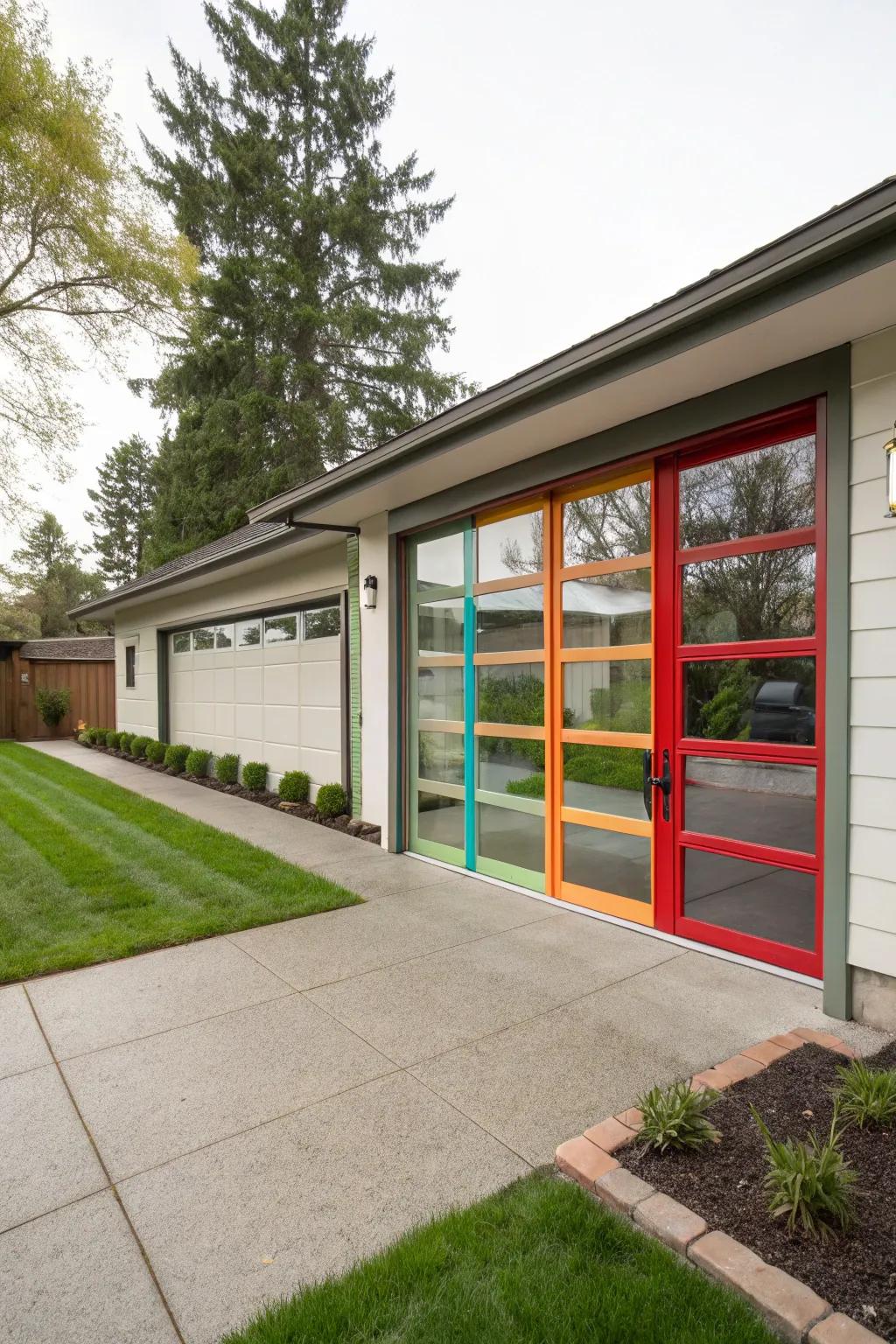 A bold home design featuring a colorful glass garage door frame.