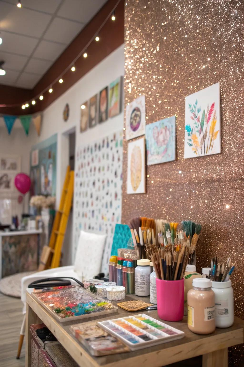 A shimmer accent wall inspires in an art studio.