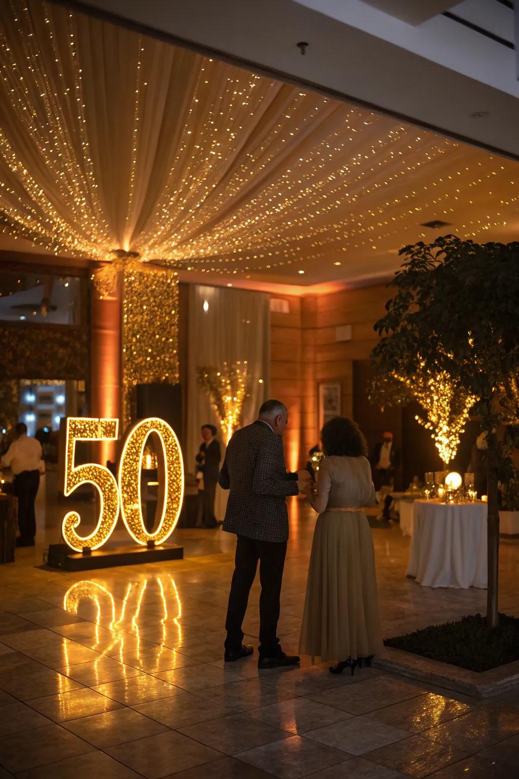 Lighting effects that mimic gold produce a cozy, inviting ambiance.