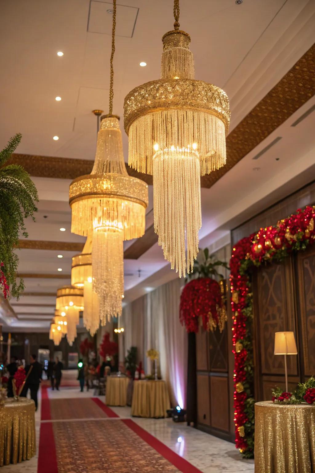Chandeliers with Gold Tassels add movement and sparkle.