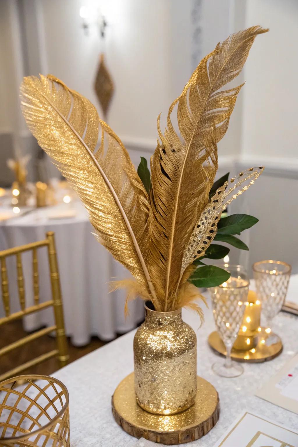 Feathers with a gold hue introduce an unexpected and stylish element to the aesthetic.