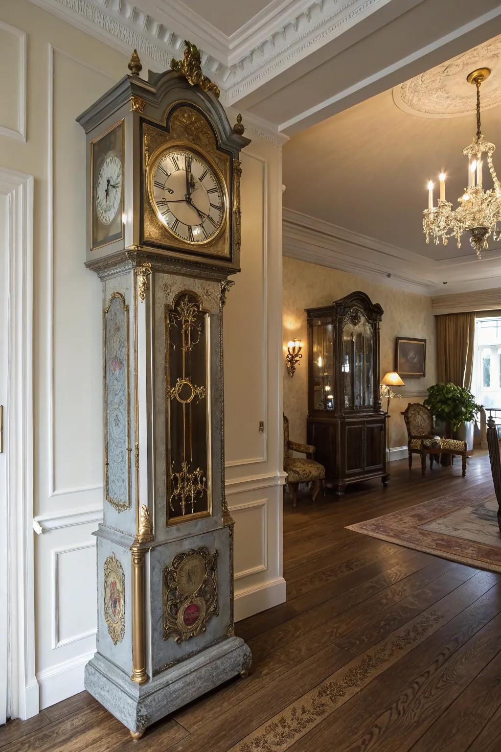 Mixing metals brings a modern touch to the clock's classic appeal.